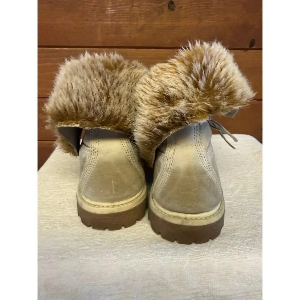 Timberland Waterproof Teddy Fleece Fold Over Fur boots light beige Sz 9.5